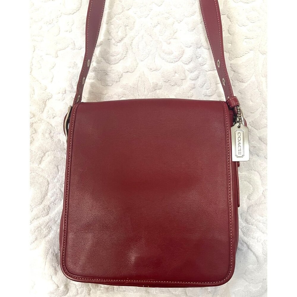 Vintage Coach Red Leather Crossbody Bag With Adjustable Strap And Silver Hardwar